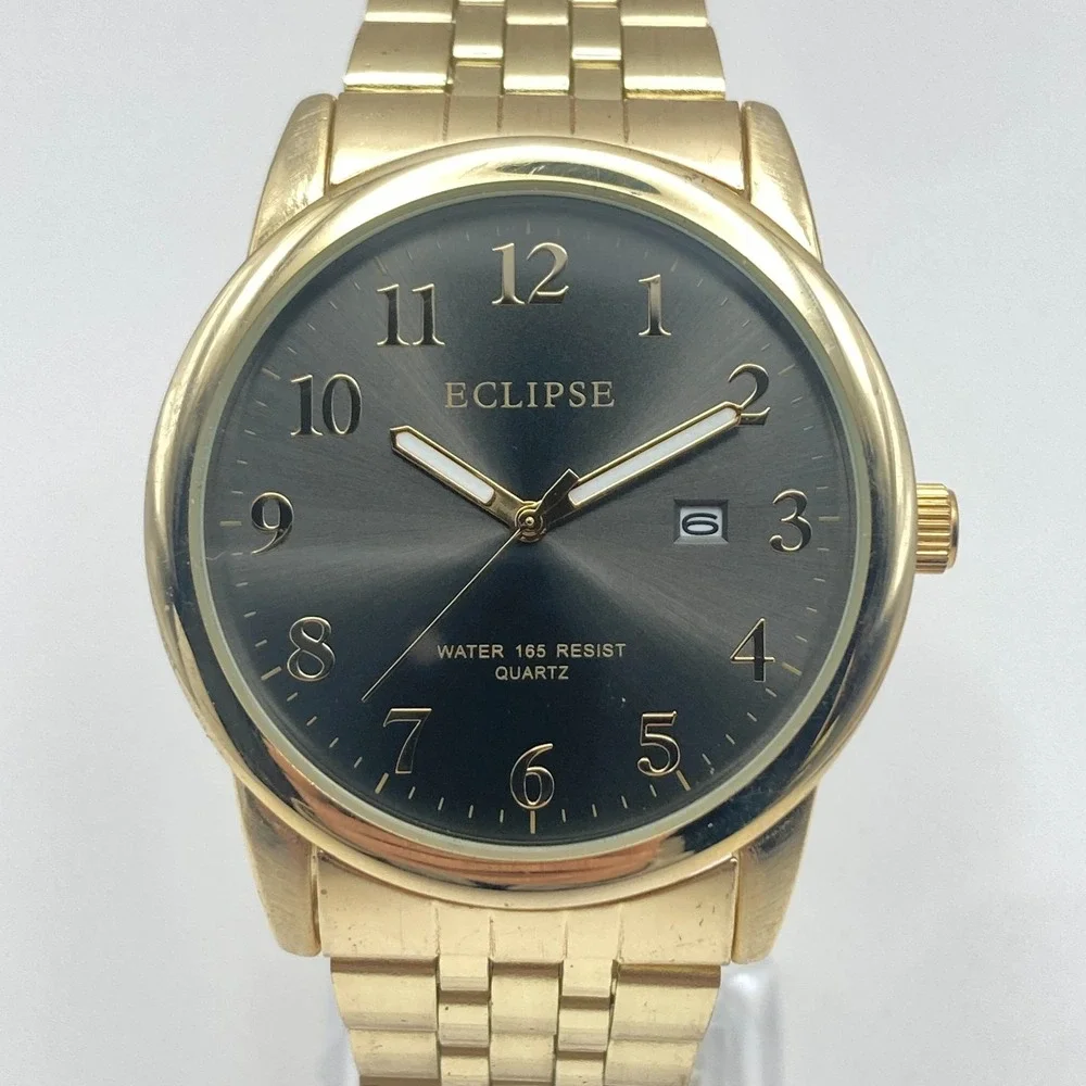 Eclipse Mens Watch 41mm Gold Tone Date Grey Dial 50M WR Classic New Battery 8